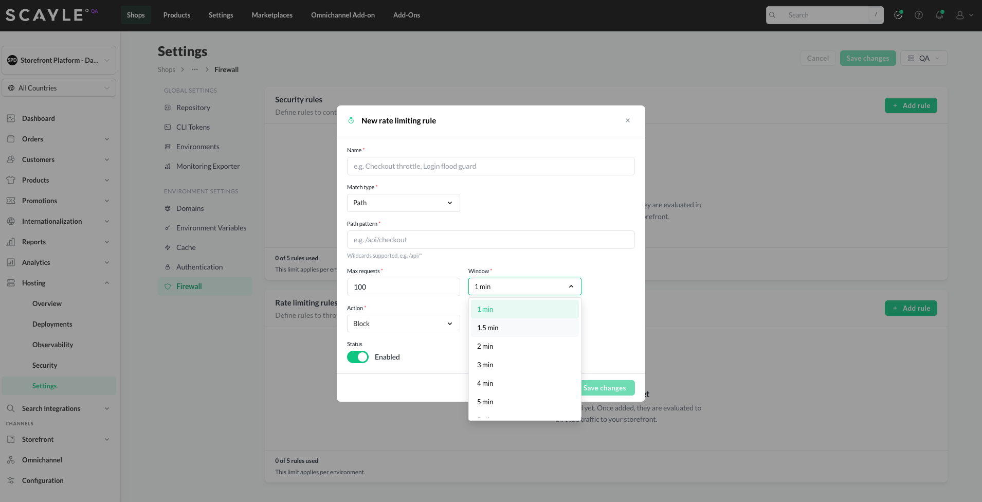 New rate limiting rule dialog with the Window dropdown expanded, showing time window options from 1 min to 60 min